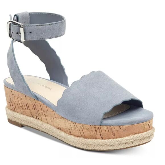 Marc Fisher Blue Suede Scallop Flatform Sandals (8) - Picture 1 of 9